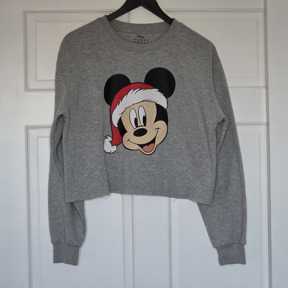 Disney Gray Cropped Sweatshirt with Mickey Mouse in Santa Hat